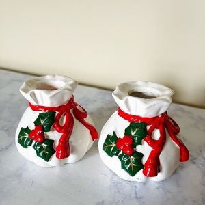 Vintage Ceramic Napco Toy Bag Candle Holder Embossed Holly Leaves and Berries